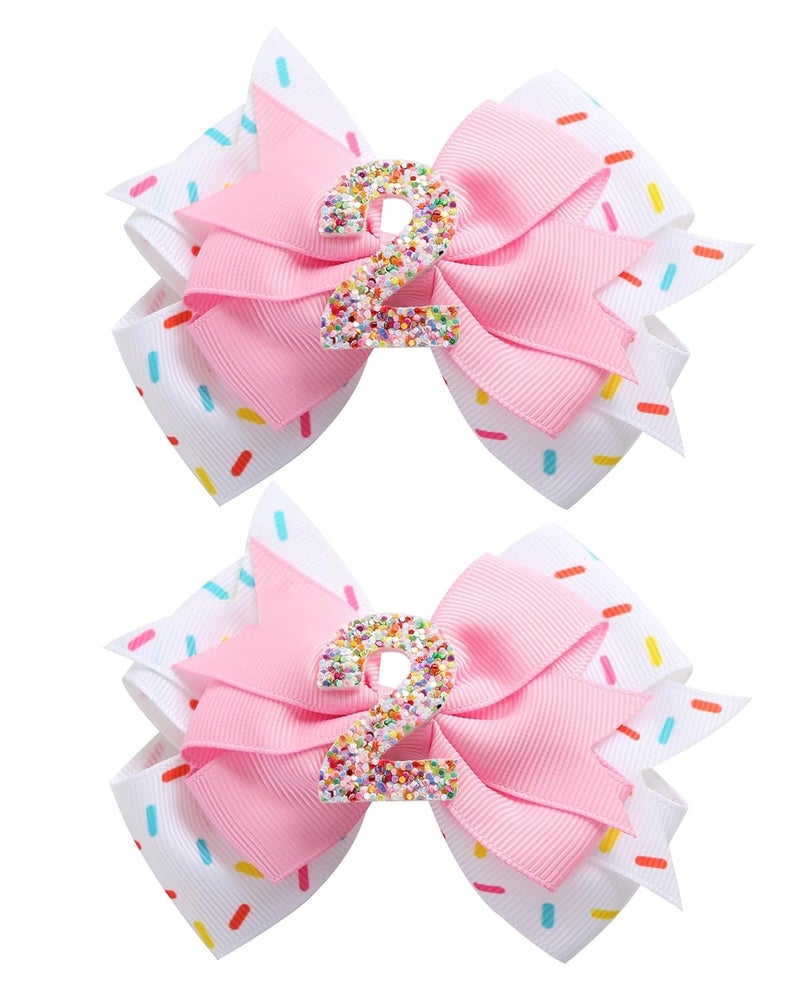 Fancheer 2Pcs Birthday Hair Bow for Baby Girls 2 3 4 5 6 7 Years Sprinkle Decorations Confetti Ice Cream Party Pink Pigtail Hair Accessories for Two 2nd Second Birthday - Image 1